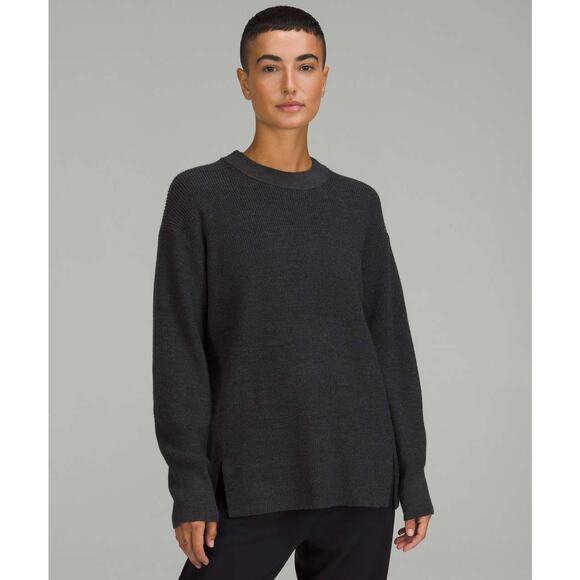 Lululemon Athletica Heathered Black Merino Wool Ribbed Crewneck Sweater Size 12 - Picture 1 of 8